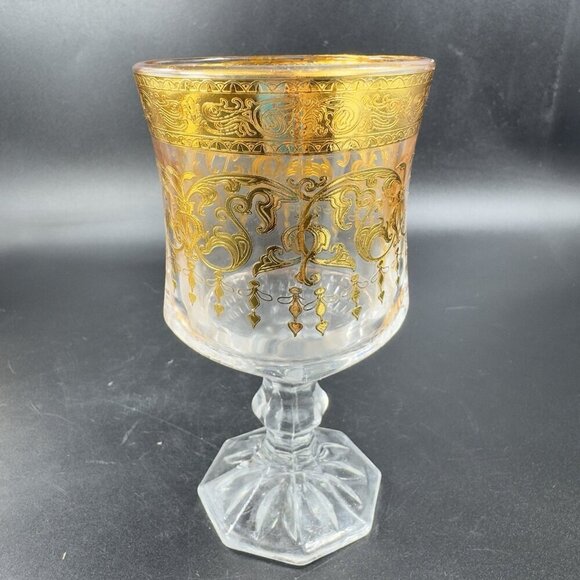 Bohemian Czech Clear Glass Goblet Cups Set2 Glasses Heavy Gold Butterfly Pattern - Picture 16 of 16